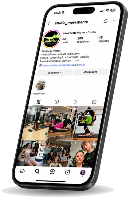 Perfil do MoviMente no Instagram, @studio_movi.mente, mostrando fotos das aulas e do estúdio